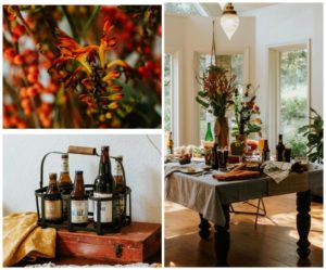host a fall party with beer and pie and fall floral arrangements