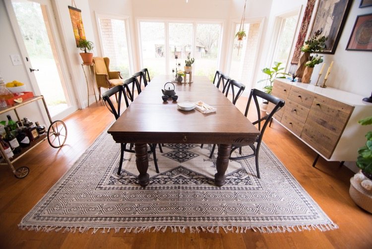 global eclectic dining room with large windows