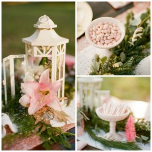 pink floral in lantern and peppermint snacks in pink candy dishes