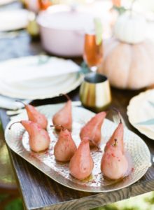 Rose poached pears on gold hammered tray