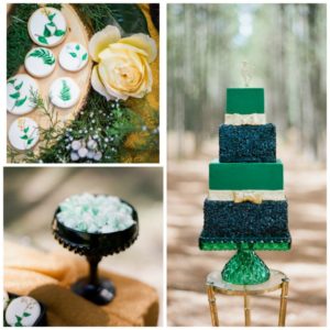 dramatic emerald and black 4 tier cake and small sweets